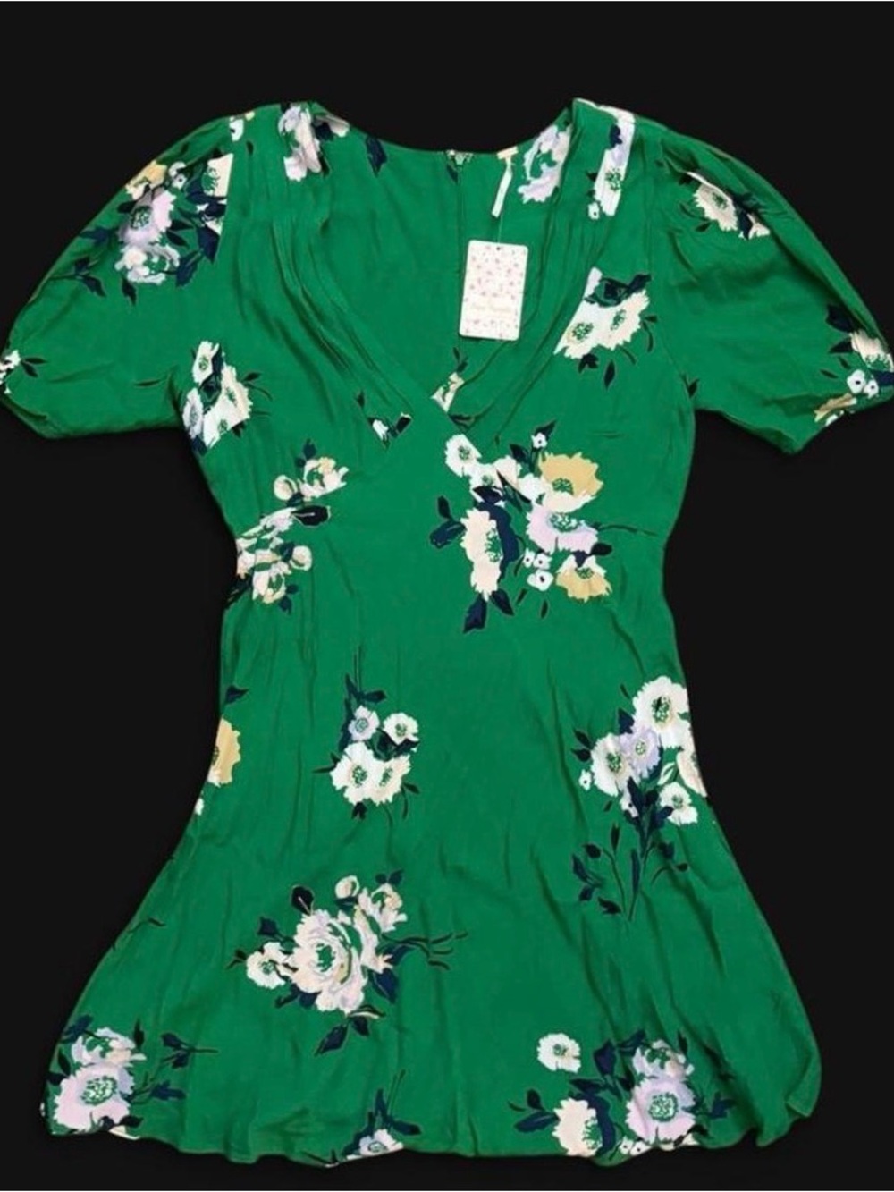 Free People Dress Neon Garden Floral Print Puff Sleeve Mini Size 12 Green